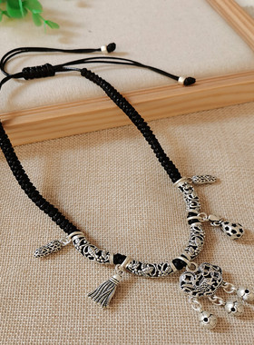 复古做旧多宝鱼长命锁项链黑绳项圈手工编织个性颈链文艺锁骨链