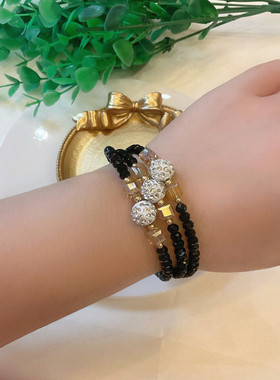 新款黑色水晶蹦迪珠手镯女三圈弹簧力记忆手环时尚手链爆闪首饰品