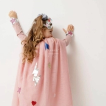 Superman girl pink cape Christmas web yarn party The Beatles Silver stars Mask Pink Sleeves Wrists Dress