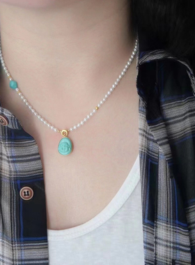 18K金天然淡水珍珠原矿绿松石项链弥勒佛回纹珠爱心吊坠