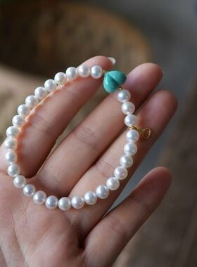 18K金天然淡水珍珠手链手串手饰碧玉原矿绿松 礼物