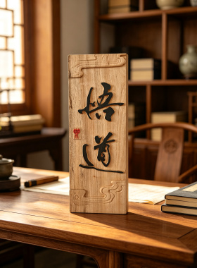 新中式禅意木雕牌匾 实木雕刻静字悟道挂件 书房茶室办公室墙面