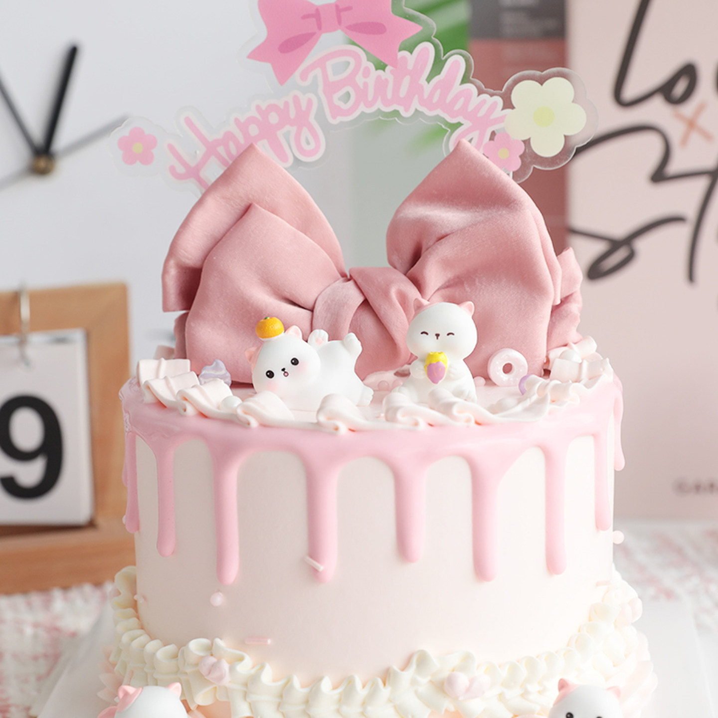 粉耳朵小猫咪蝴蝶结公主少女生日蛋糕装饰摆件Happy Birthday插卡,淘宝优惠券,粉丝福利购,淘宝优惠卷