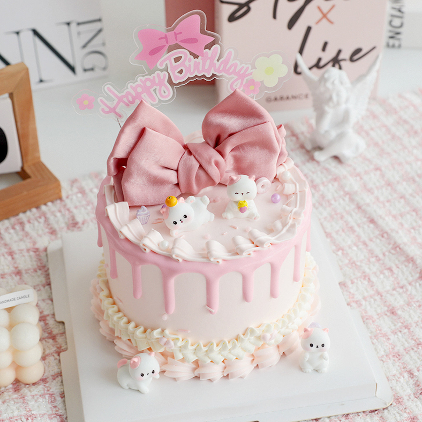 粉耳朵小猫咪蝴蝶结公主少女生日蛋糕装饰摆件Happy Birthday插卡,淘宝优惠券,粉丝福利购,淘宝优惠卷