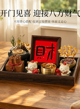 中古风招财猫木质收纳桌面摆件