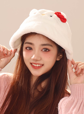 hellokitty凯蒂猫正版可爱少女心红色保暖萌毛绒盆帽帽子新年送礼