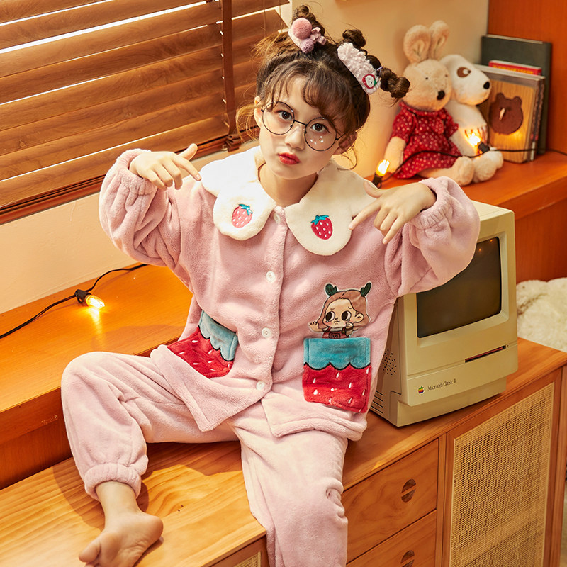 儿童珊瑚绒秋冬季中大童公主睡衣 dancebees家居服套装