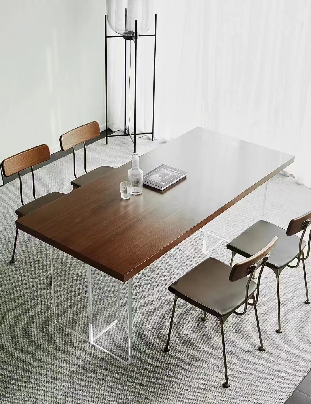 实木猫洞桌腿亚克力悬浮餐桌家用创意简易书桌设计师工作台办公桌