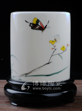 手绘笔筒德化白瓷陶瓷办公室家居书房笔筒礼品送领导同事中号笔筒