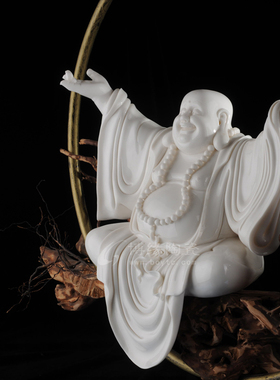 笑口常开德化白瓷木头工艺摆件