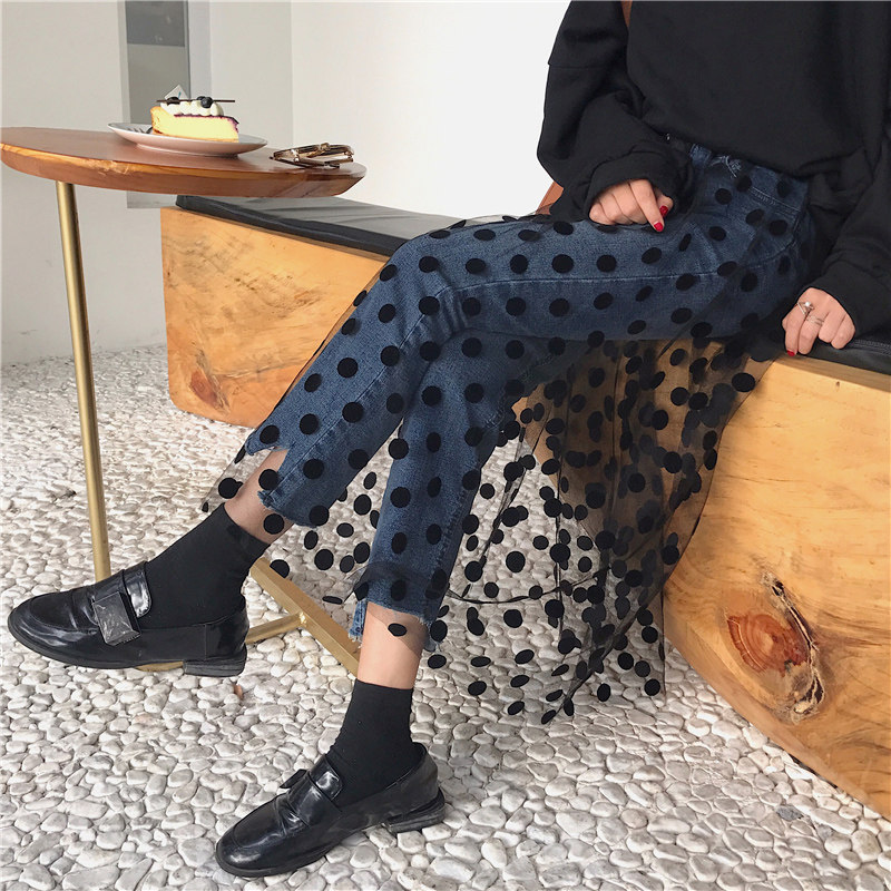 2020春装韩版小清新蕾丝波点牛仔裤 itrustar牛仔裤