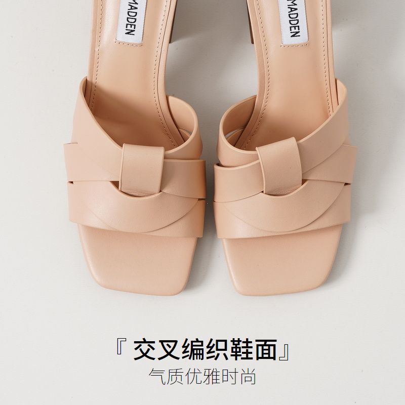 Steve Madden/思美登夏季新款时尚皮革交叉粗跟拖鞋女 AMSTERDAM - 图1