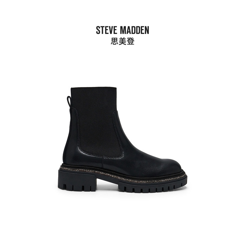 Steve Madden思美登2024年秋冬新款女鞋黑色切尔西靴短靴