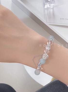 纯银天然海蓝宝白水晶原创设计女