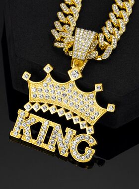 跨境新款KING皇冠吊坠合金满钻古巴链欧美嘻哈风项链个性潮男饰品