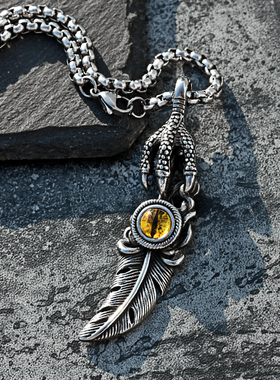 个性复古上帝之眼鹰爪羽毛吊坠挂链男日韩潮人项链百搭朋克毛衣链
