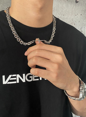 高街嘻哈十字架双层链条项链男潮设计感小众高级感锁骨链配饰