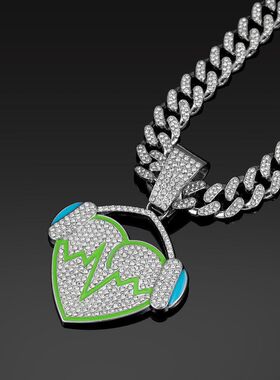 潮牌嘻哈音乐耳机心动心电图吊坠项链 古巴大金链子跨境电商货源