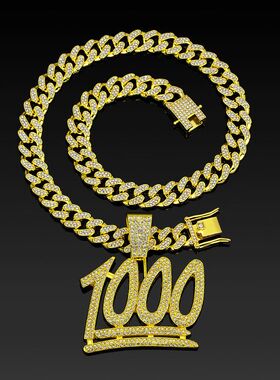 嘻哈数字1000分镶钻吊坠欧美风跨境饰品古巴链男士长款项链厂家