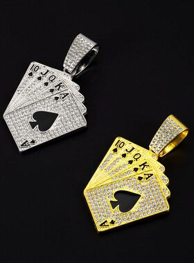 欧美嘻哈古巴链满钻扑克牌吊坠潮牌小众男款项链厂家批发跨境爆款