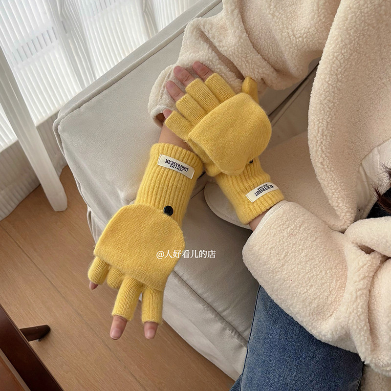 韩版ins风翻盖手套女2025新款秋冬保暖防寒学生写字半指手套