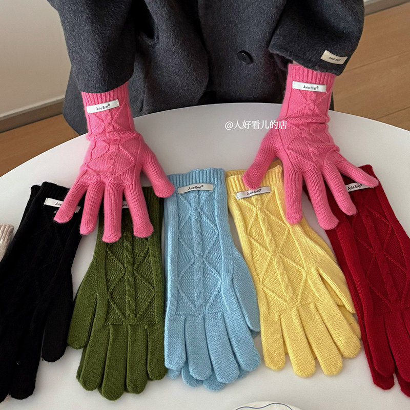 奶酪色简约麻花手套~秋冬保暖露指可触屏骑行防寒针织手套女韩ins
