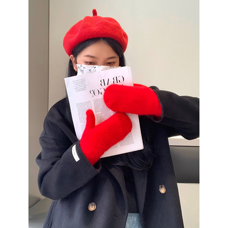 冬季红色兔绒手套女连指双层加厚保暖抗冻针织毛线防风手套ins潮