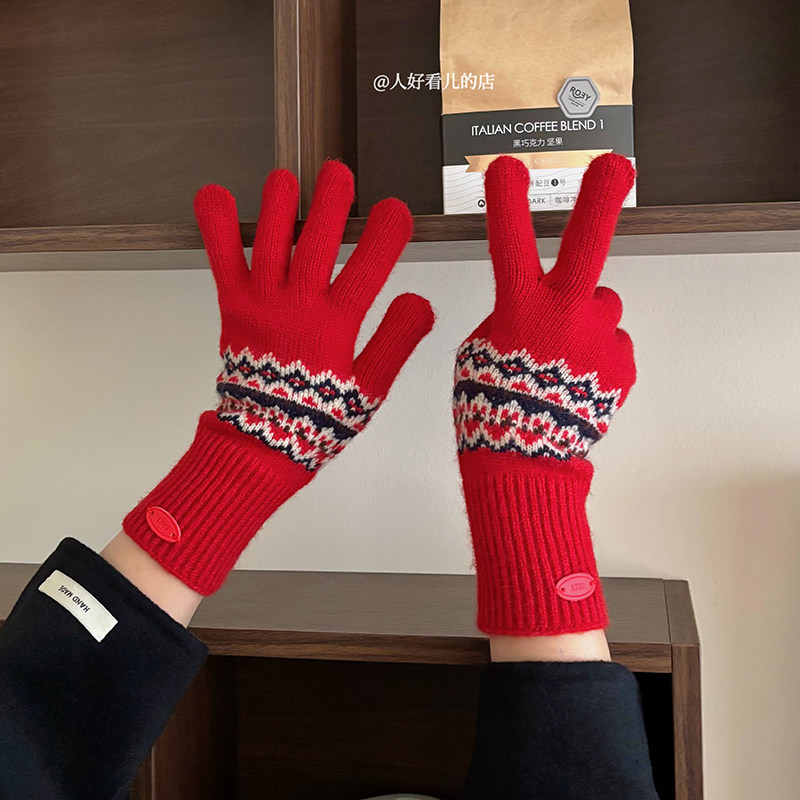 费尔岛红色毛线针织手套2025冬季加厚保暖防寒露指可触屏骑行手套