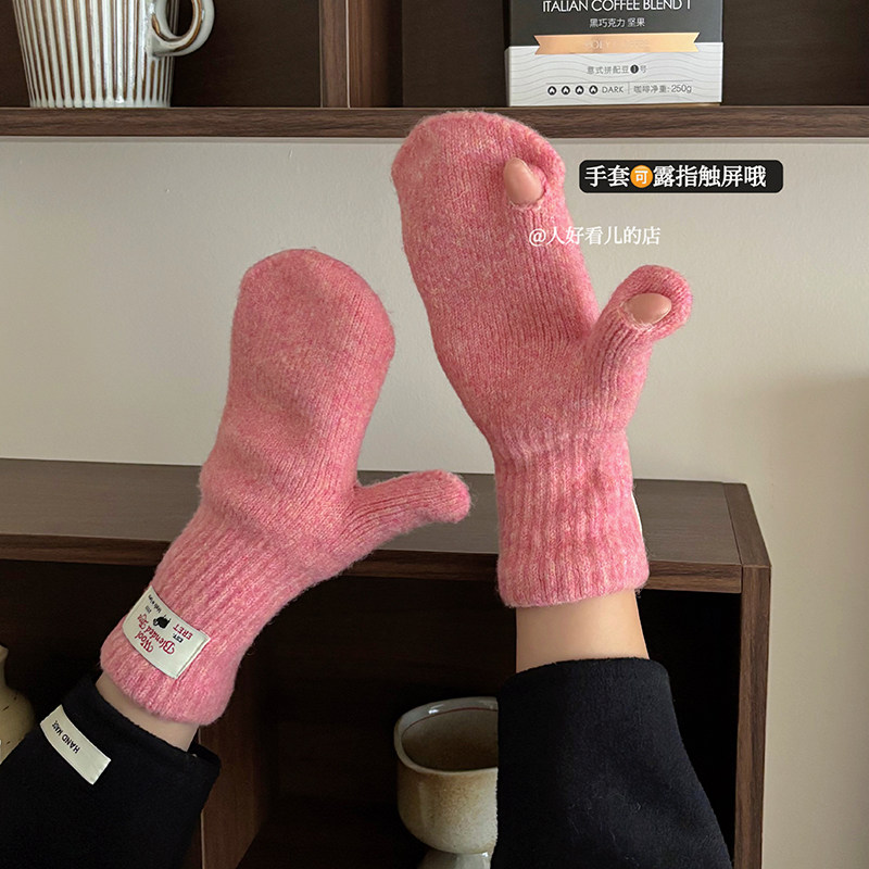 韩系100%纯羊毛连指手套女2025冬季新款加厚骑行防风防寒手套学生