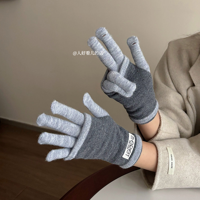 2025新款秋冬加厚露指韩版两用拼色针织手套女时尚可触屏分指手套