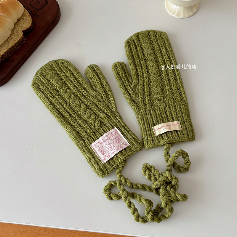 含羊毛韩系毛线针织保暖手套女2025秋冬全包挂脖加厚防寒可触屏潮