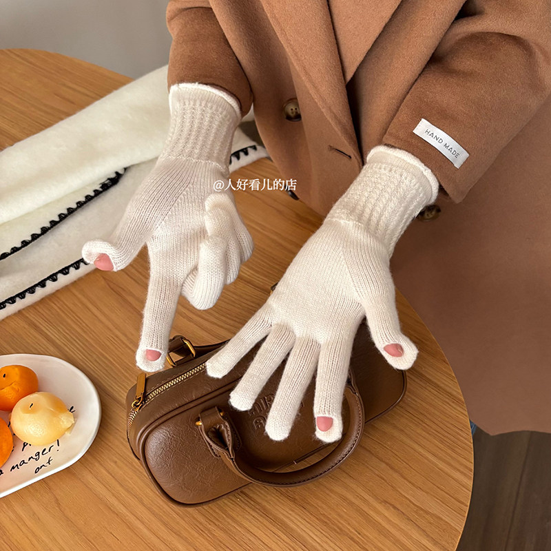 韩系ins贴布标手套女2025冬季新款加厚学生防寒保暖露指可触屏潮