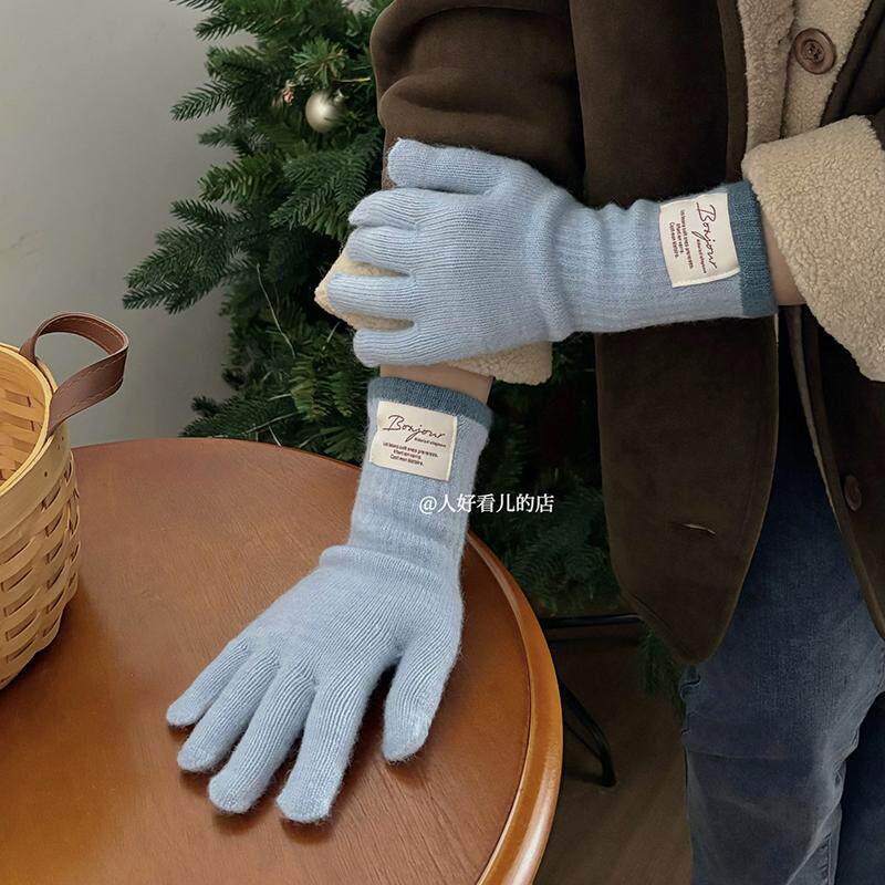 ins风韩系贴布针织手套女冬季加长款分指露指可触屏防寒保暖手套
