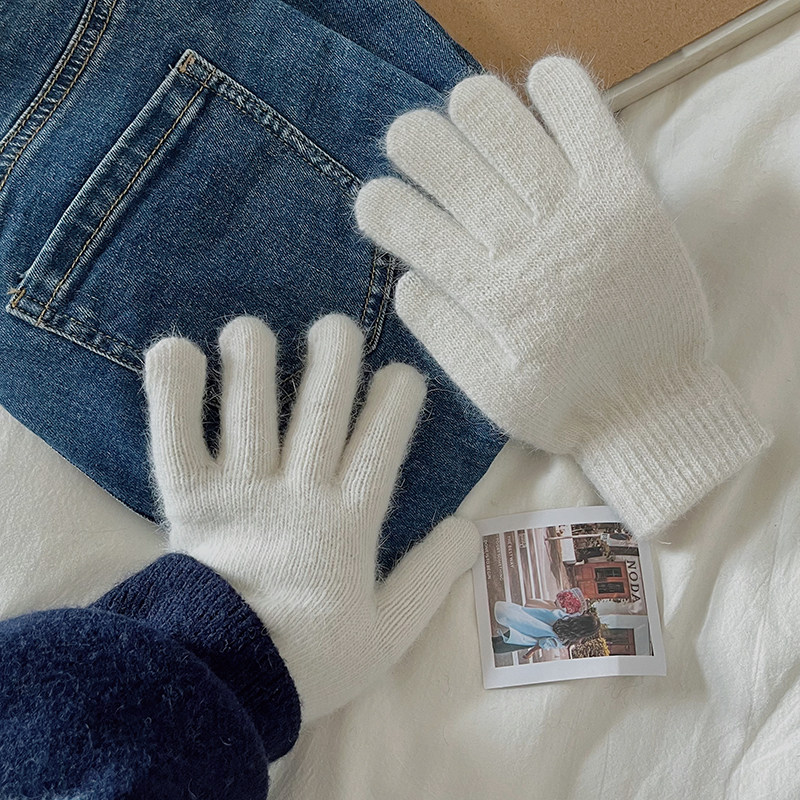 露指触屏兔毛加绒保暖手套冬季保暖抗冻五指骑行ins玩手机手套蓝