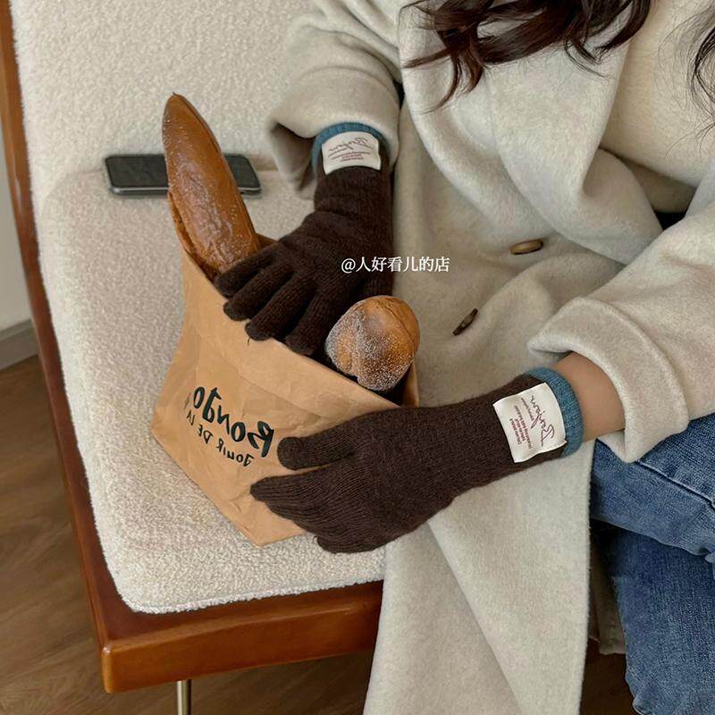 韩系ins贴布针织手套女冬季骑行保暖长款分指手套可触屏学生保暖