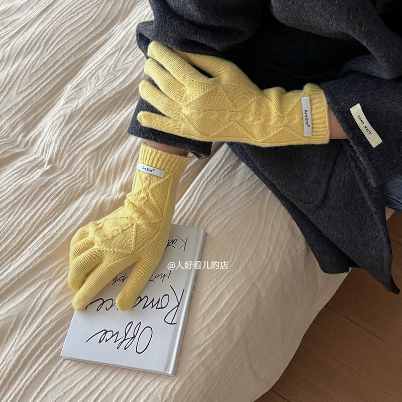 奶酪色简约麻花手套~秋冬保暖露指可触屏骑行防寒针织手套女韩ins