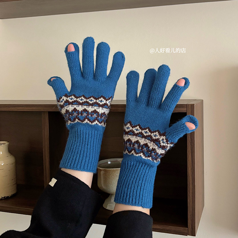 费尔岛风针织手套女2025新款冬季保暖防寒可触屏分指毛线手套时尚