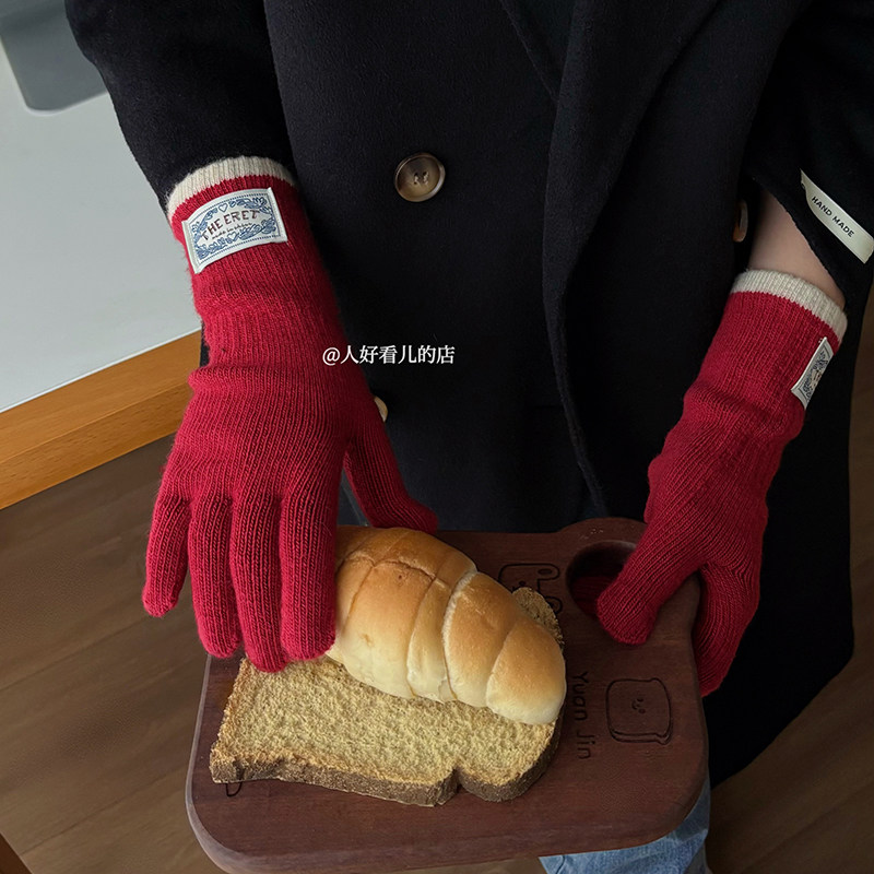 韩系ins贴布标手套女2025冬季新款加厚学生防寒保暖露指可触屏潮