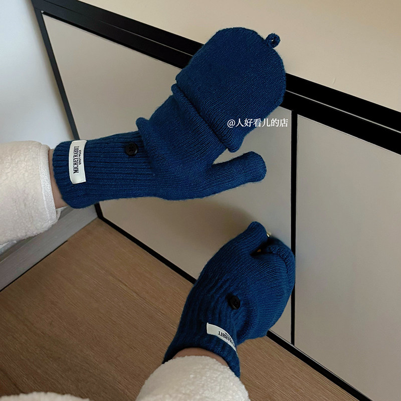 半指翻盖手套冬季女士可爱防寒保暖毛线手套秋冬露指半截学生写字