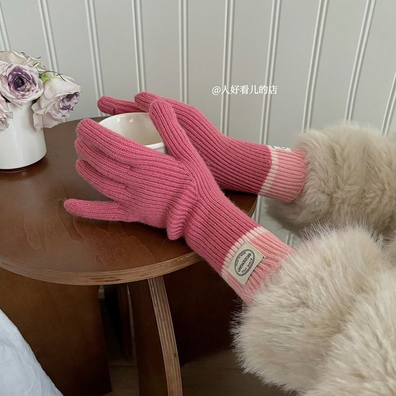 韩版撞色拼接保暖时尚百搭五指手套冬季骑行防寒可触屏露指手套女