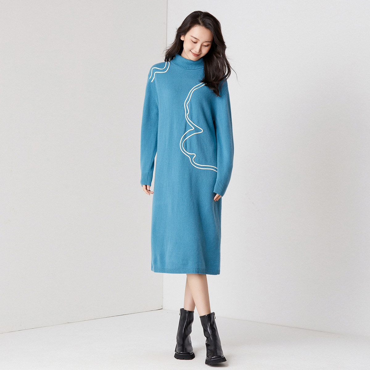 蒲PUKKA 连衣裙女条纹高领纯羊毛连衣裙秋冬季中长款长裙,淘宝优惠券,粉丝福利购,淘宝优惠卷