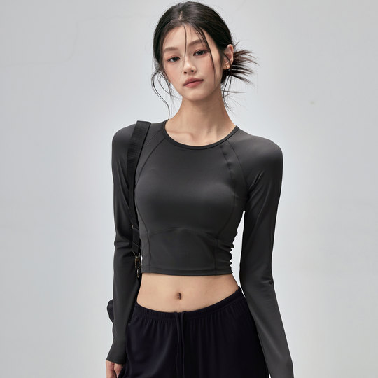 健身女孩带胸垫瑜伽服紧身显瘦运动长袖短款专业普拉提训练上衣秋