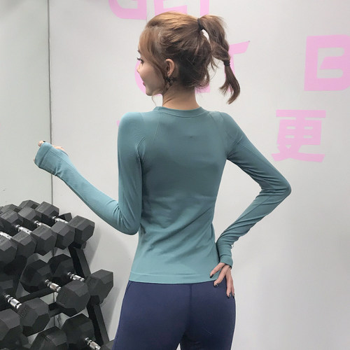 健身女孩显瘦紧身瑜伽服长袖透气弹力运动上衣跑步训练普拉提t恤 - 图2