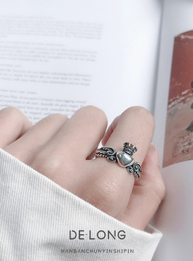 小众复古做旧爱心翅膀开口戒指