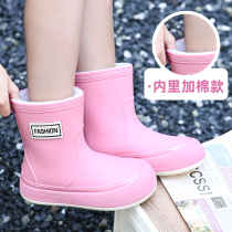 Winter cotton rain shoes womens money integrated suede warm and waterproof shoes non-slip working rubber shoes soft base light rain boots closing