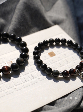 黑曜石手链情侣款一对天然水晶