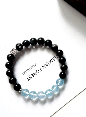 天然海蓝宝黑曜石彩眼水晶手链