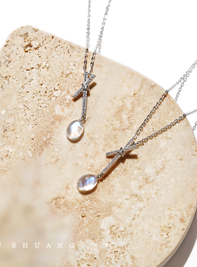 月光石项链 天然蓝月光彩虹水晶斯里兰卡锁骨吊坠 蝴蝶结项链纯银