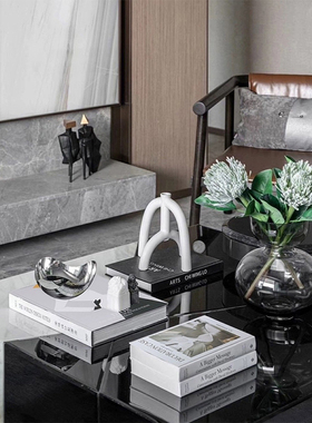 现代中式样板房客厅茶几售楼处酒店洽谈桌仿真花艺书籍果盘组合