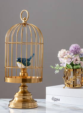 新中式金色鸟笼摆件客厅软装轻奢